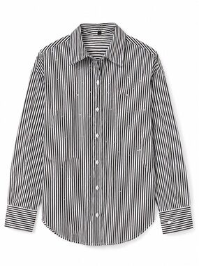 Express Women’s Embellished Boyfriend Navy and White Stripe Button-Down Small